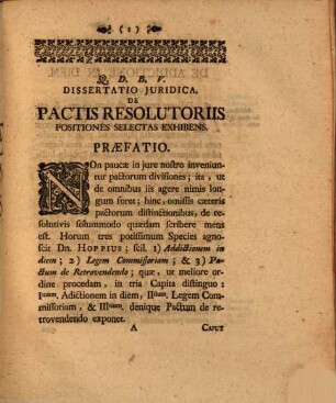 Diss. iur. de pactis resolutoriis positiones selectas exhibens