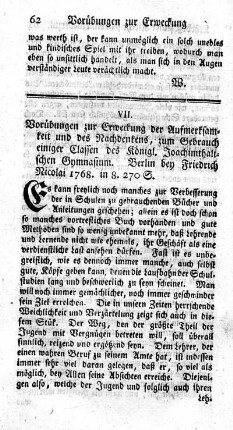 Vorübungen zur Erweckung der Aufmerksamkeit und des Nachdenkens, zum Gebrauch einiger Classen des Königl. Joachimthalischen Gymnasium.