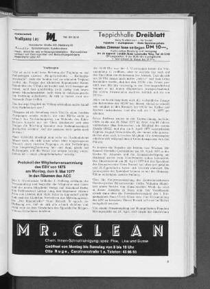 Protokoll der Mitgliederversammlung des EBV von 1875 am Montag, dem 9. Mai 1977 in den Räumen des ACC