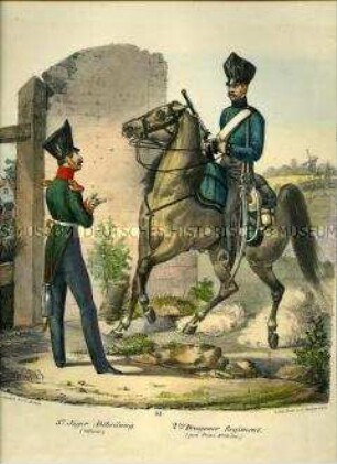 Uniformdarstellung, Offizier der 3. Jäger-Abteilung, Dragoner des 2. Dragoner-Regiments, Preußen 1830. Aus: Elzholz u.a.: Das Preussische Heer. Tafel 33.