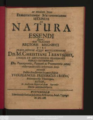 Exercitationum Metaphysicarum Secundum De Natura Essendi