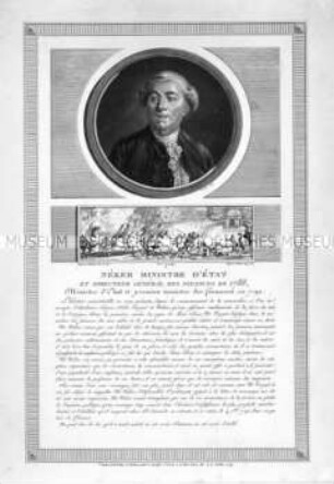 Porträt des Jacques Necker - mit einer Darstellung der Straßenschlacht um die Aufstellung seiner Büste und der des Herzogs von Orleans (aus einer Porträtfolge zur Französischen Revolution)