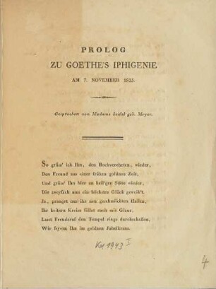 Prolog zu Goethes Iphigenie am 7. November 1825