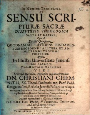 Collegium theologicum de sensu Sacrae Scripturae : inclusum sex disputationibus, Disp. theol. 6 : Posterior