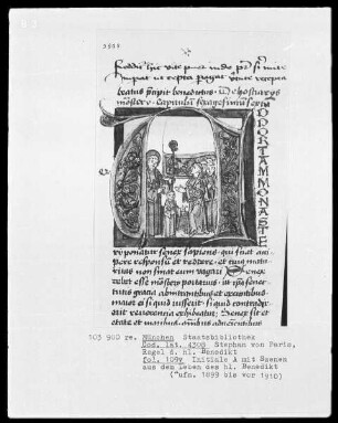 Stephan von Paris, Auslegung der Regel des heiligen Benedikt — Initiale A, darin das zum Leben erweckte Mönchlein wird wieder an die Arbeit geschickt, Folio 109verso