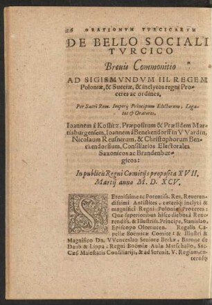 De Bello Sociali Turcico Brevis Commonitio Ad Sigismundum III. Regem Poloniae, & Sueciae ...