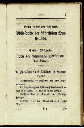 Erster Theil der Aesthetik. Philosophie der ästhetischen Darstellung.