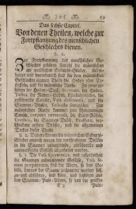 Das sechste Capitel. Von denen Theilen, welche zur Fortpflantzung des menschlichen Geschlechts dienen.