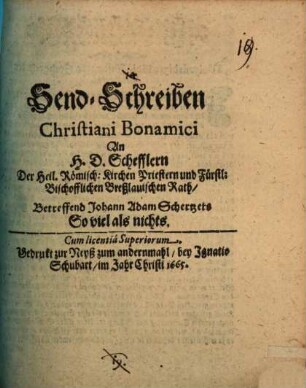Sendschreiben an H. D. Schefflern ... betreffend Johann Adam Scherzers: Soviel als nichts