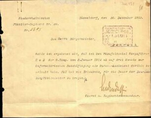 5-10-12-19.0000: Ludendorff, Erich, General; diverse Schreiben ff.: Beurlaubung des Vizefeldwebels Heß für 3 Monate zur Beschäftigung bei der Bürgermeisterei Benrath
