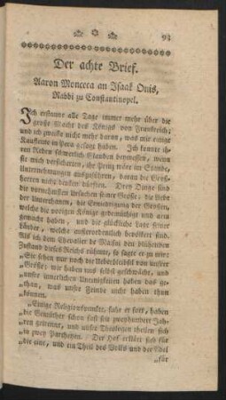 Der achte Brief. Aaron Monceca an Isaak Onis, Rabbi zu Constantinopel
