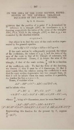 On the area of the conic section, represented by the general trilinear equation of the second degree.