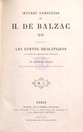 Ouevres complètes de H. de Balzac, 19. Les contes drôlatiques