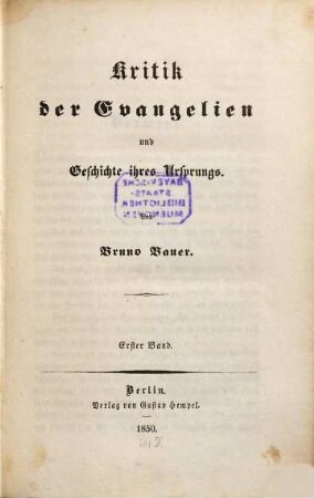 Kritik der Evangelien und Geschichte ihres Ursprungs, 1