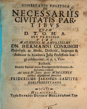 Dissertatio Politica De Necessariis Civitatis Partibus