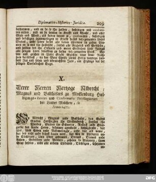 X. Derer Herren Hertzoge Albrecht, Magnus und Balthasars zu Mecklenburg Huldigungs-Revers und Confirmatio Privilegiorum des Landes Malchow, de Anno 1477.