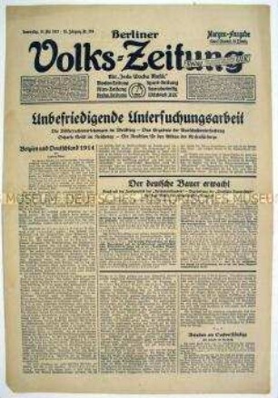 Berliner Volks-Zeitung u.a. zu Völkerrechtsverletzungen im 1. Weltkrieg (Abschlußbericht eines parlametarischen Untersuchungsausschusses)