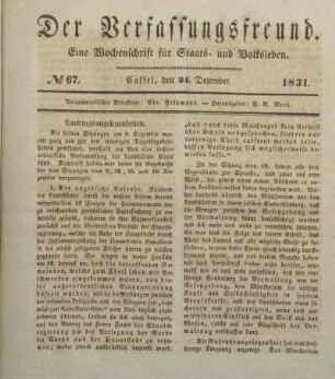 № 67. Cassel, den 24. Dezember 1831.