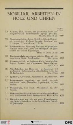 Mobiliar, Arbeiten in Holz und Uhren (Nr. 708-725)