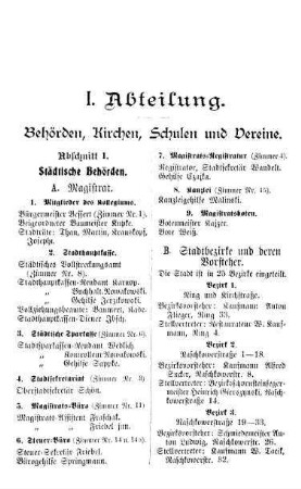 I. Abteilung. Behörden, Kirchen, Schulen und Vereine.