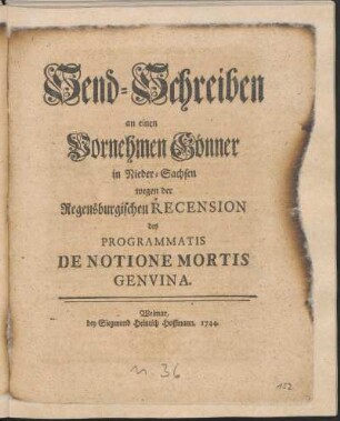 Send-Schreiben an einen Vornehmen Gönner in Nieder-Sachsen wegen der Regensburgischen Recension des Programmatis De Notione Mortis Genvina / [I. Carpov]