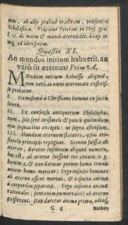 Quaestio XI. An mundos initium habuerit, an vero sit aeternus?