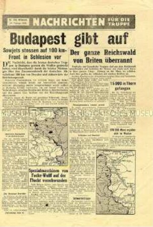 Nachrichtenblatt der US-Armee für die deutsche Wehrmacht u.a. zum Rückzug der Wehrmacht aus Budapest und zum Vormarsch der Roten Armee in Richtung Dresden