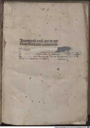 ... Pars operum Johannis Gerson, [5]. Inventarium