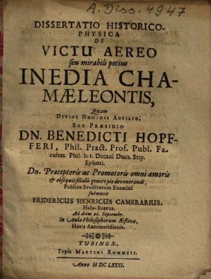Dissertatio Historico-Physica De Victu Aereo seu mirabili potius Inedia Chamaeleontis