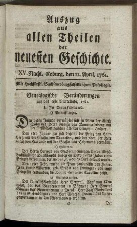 XV. Nachl. Coburg, den 11. April, 1761.