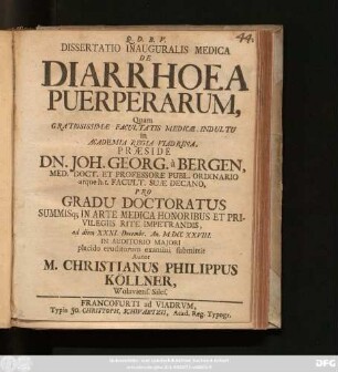 Dissertatio Inauguralis Medica De Diarrhoea Puerperarum