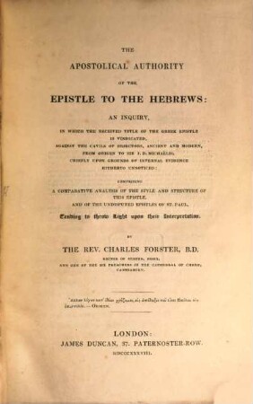 The apostolical Authority of the Epistle to the Hebrews