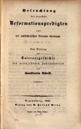 Beleuchtung der neuesten Reformationspredigten u. der antikatholischen Literatur überhaupt