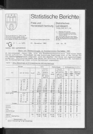 Gäste und Übernachtungen im Fremdenverkehr September 1985 : Lfd. Nr. 62