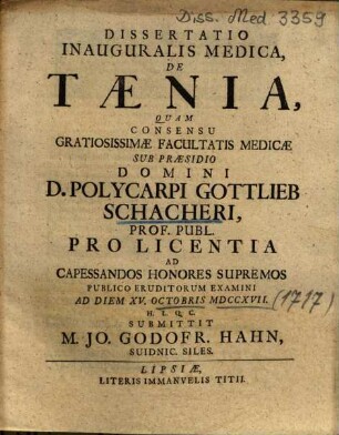 Dissertatio Inauguralis Medica, De Taenia