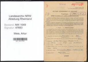 Entnazifizierung Artur Weis , geb. 17.03.1903 (Konstrukteur)