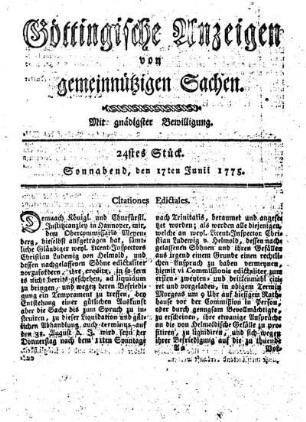 24stes Stück. Sonnabend, den 17ten Junii 1775.
