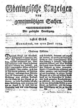 24stes Stück. Sonnabend, den 17ten Junii 1775.