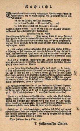 "Nachricht" über die 3 Viehmärkte des Jahres 1773 (vor allem Gebühren u. Kosten) Heilbronnische Canzley