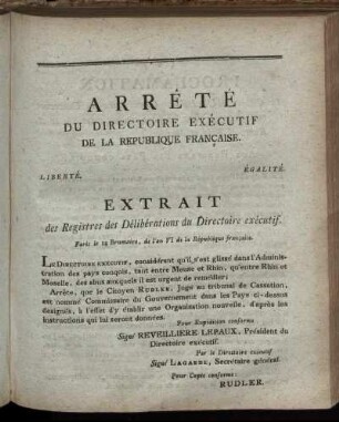 Arrêté Du Directoire Exécutif De la Republique Frabcaise.