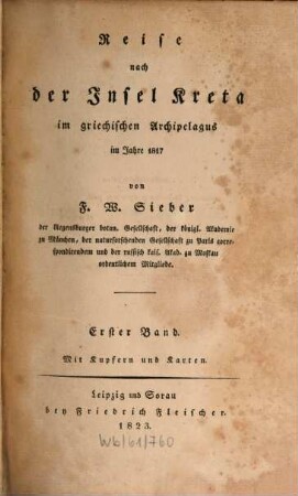 Reise nach der Insel Kreta im griechischen Archipelagus im Jahre 1817 : mit Kupfern und Karten, 1