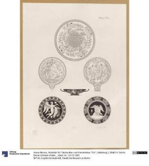 Vorbilder für Fabrikanten und Handwerker. Teil 1, Abteilung 2, Blatt 14: Sechs flache Schalen (Pateren) aus Keramik und Bronze aus den Sammlungen de Witte und Townley und dem British Museum