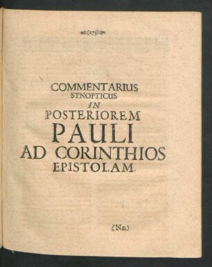 Commentarius Synopticus In Posteriorem Pauli Ad Corinthios Epistolam.