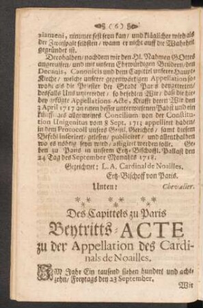 Des Capittels zu Paris Beytritts-Acte zu der Appellation des Cardinals de Noailles