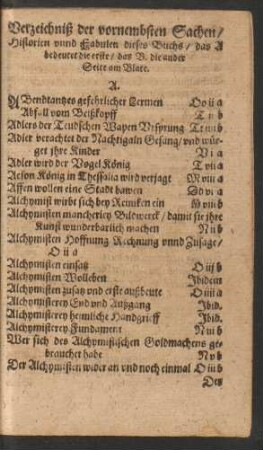 Verzeichniß der vornembsten Sachen/ Historien unnd Fabulen dieses Buchs ...