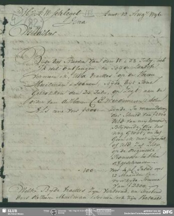 Eigenh. Brief von Hendrik Muilman an August Wilhelm von Schlegel, Amsterdam, 12.08.1796