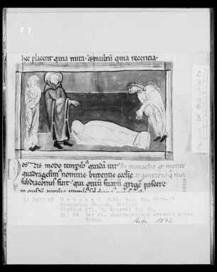 Ms 9916-17, Gregorius Magnus, Dialogi, fol. 84: Der heilige Quadragesimus erweckt einen Toten