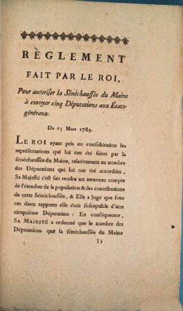 Règlement Fait Par Le Roi, Pour autoriser la Sénéchaussée du Maine à envoyer cinq Députations aux États-généraux : Du 15 Mars 1789