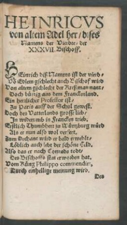 Heinricus von altem Adel her/ dises Namens der Vierdte/ der XXXVII. Bischoff.