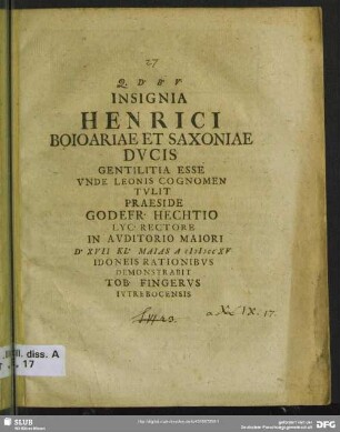 Insignia Henrici Boioariae Et Saxoniae Ducis Gentilitia Esse Unde Leonis Cognomen Tulit